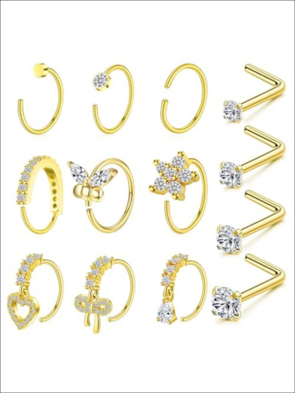 20G Stainless Steel CZ Nose Rings Hoops L Shaped Studs Piercing Jewelry Set